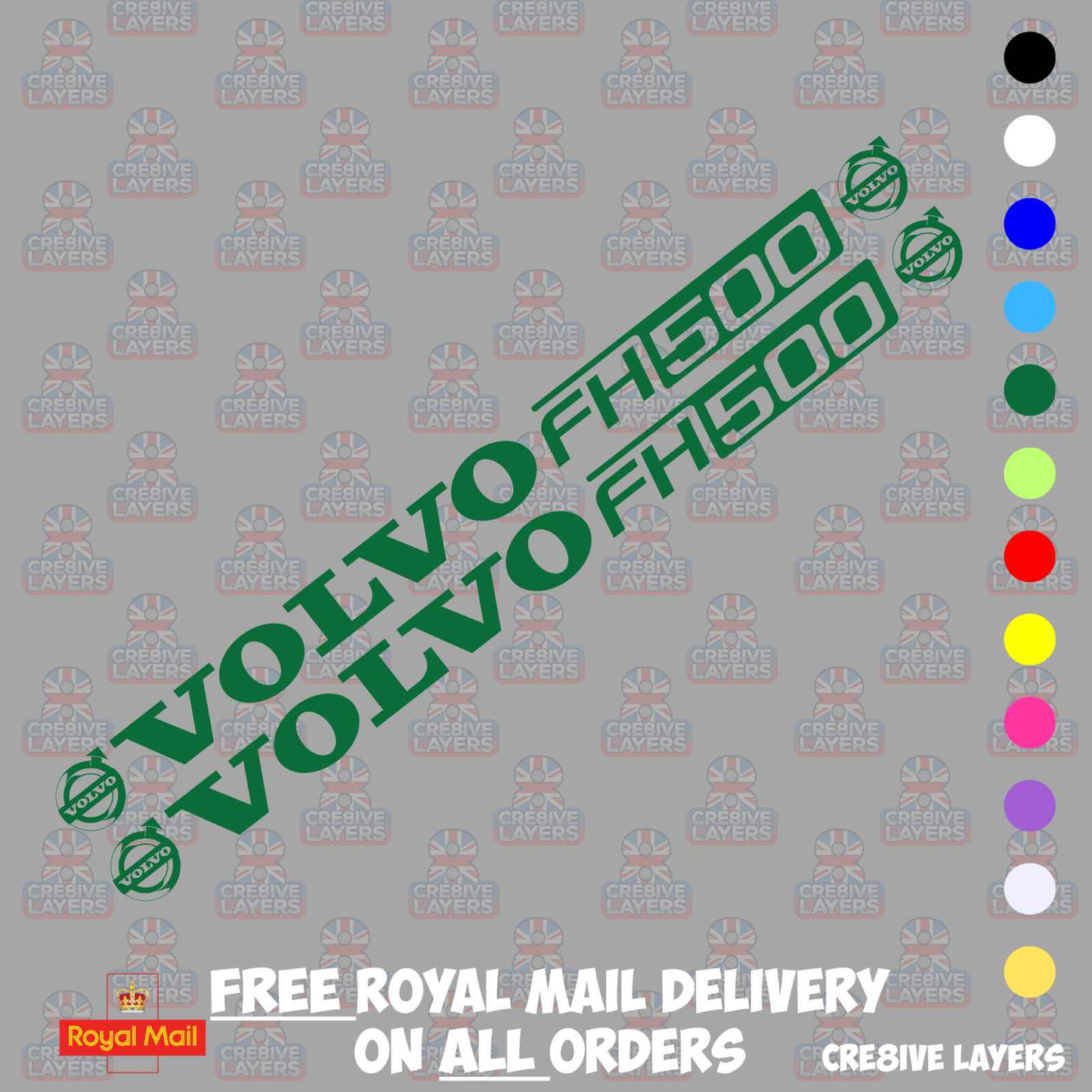 VOLVO FH500 Window Decal Pair - Mirror Cut Vinyl Stickers for Cab Glass