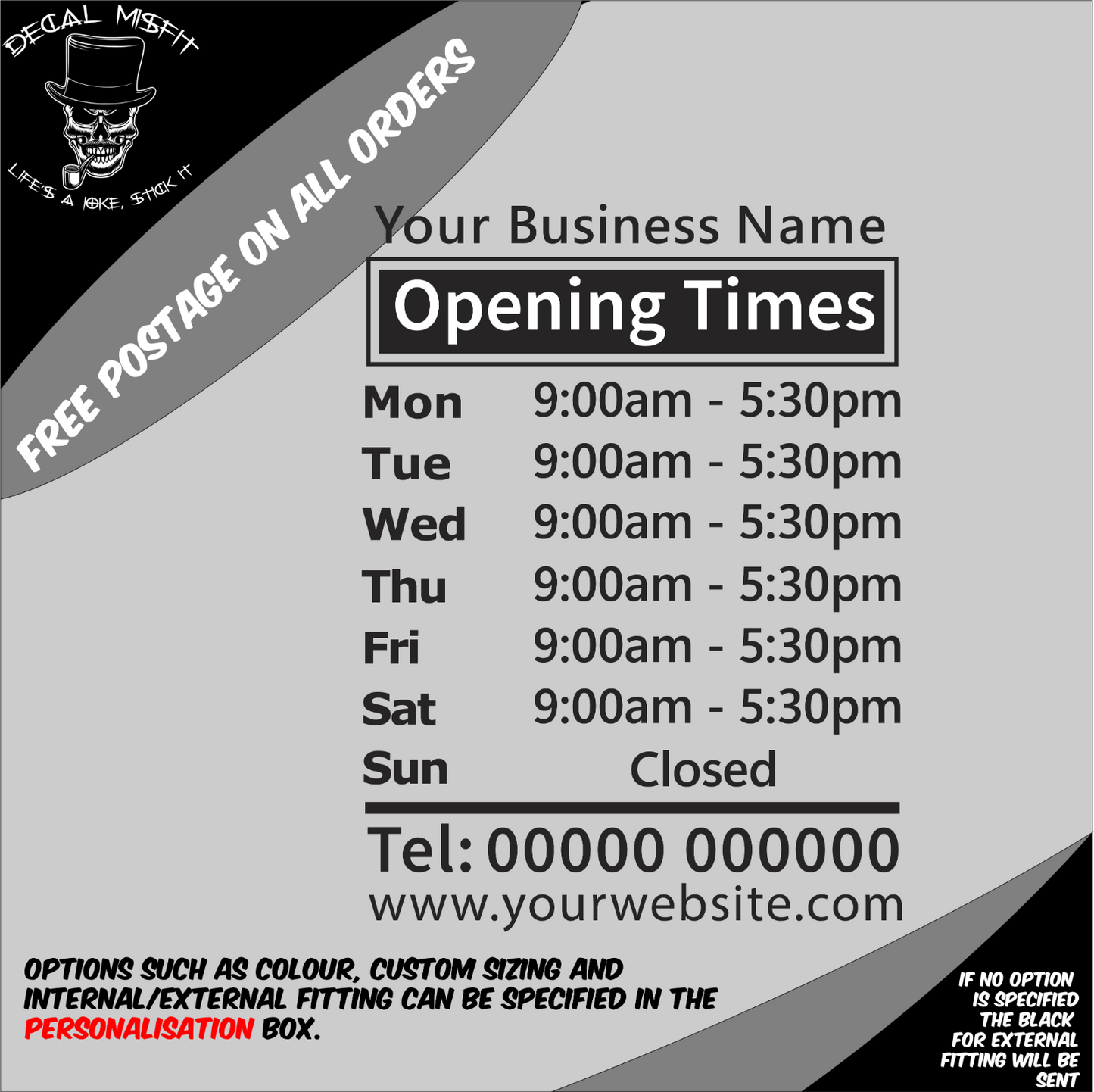 Custom Shop Window Opening Hours Vinyl Decal - Personalized Times Sticker